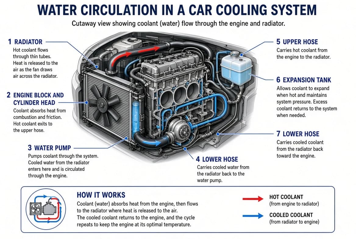 Water used as a coolant in a car radiator, circulating through the engine to absorb heat.