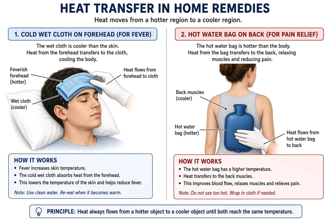 A wet cloth placed on the forehead of a person with fever, and a hot water bag being used to relieve muscular pain.
