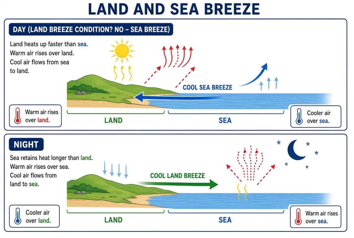 Daytime sea breeze blowing from sea to land, and nighttime land breeze blowing from land to sea, due to differing specific heat capacities of land and water.