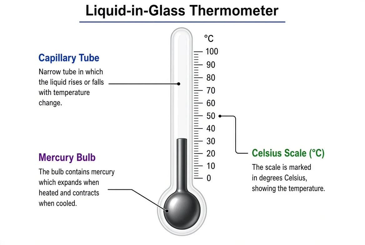A liquid-in-glass thermometer showing a mercury-filled bulb, a capillary tube and a marked temperature scale.