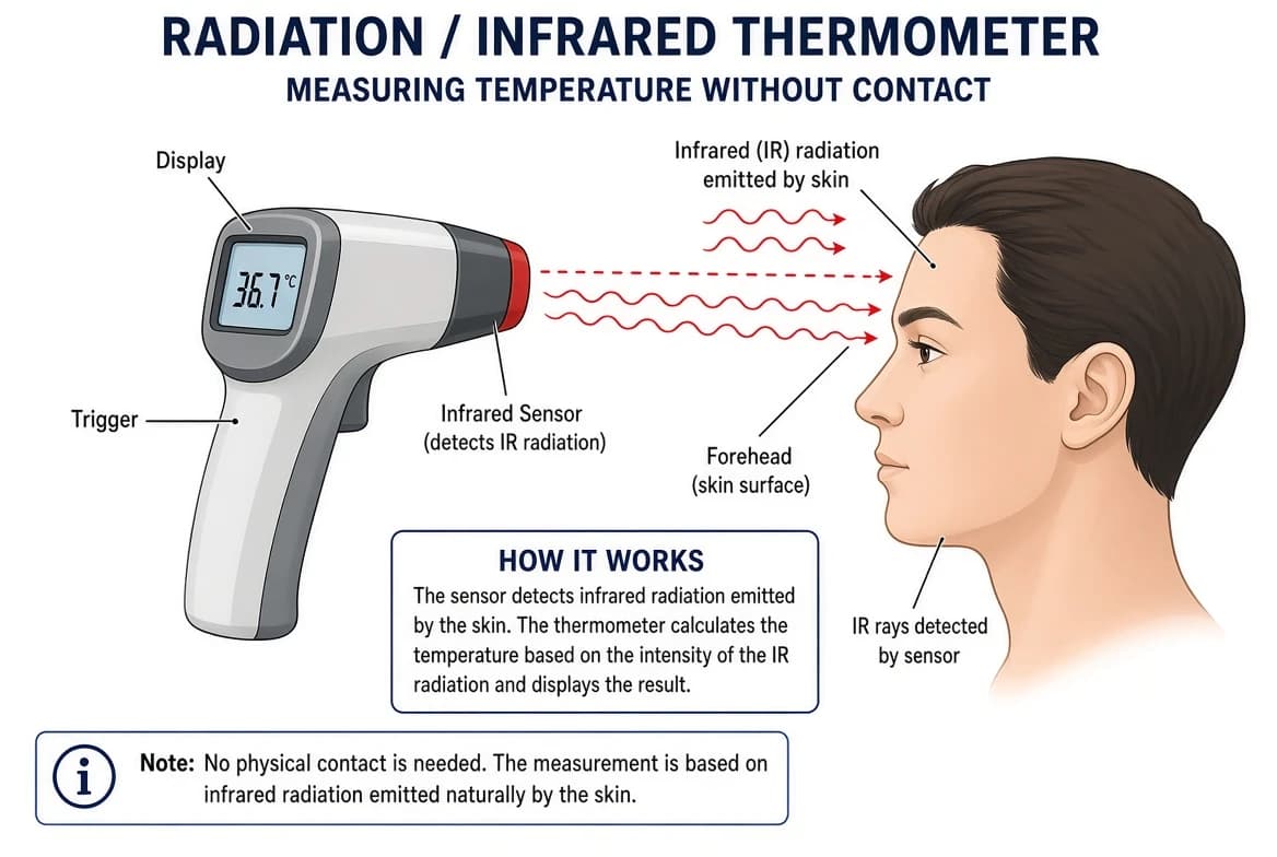 A radiation thermometer being pointed at a person's forehead without contact, showing infrared rays being detected by its sensor.