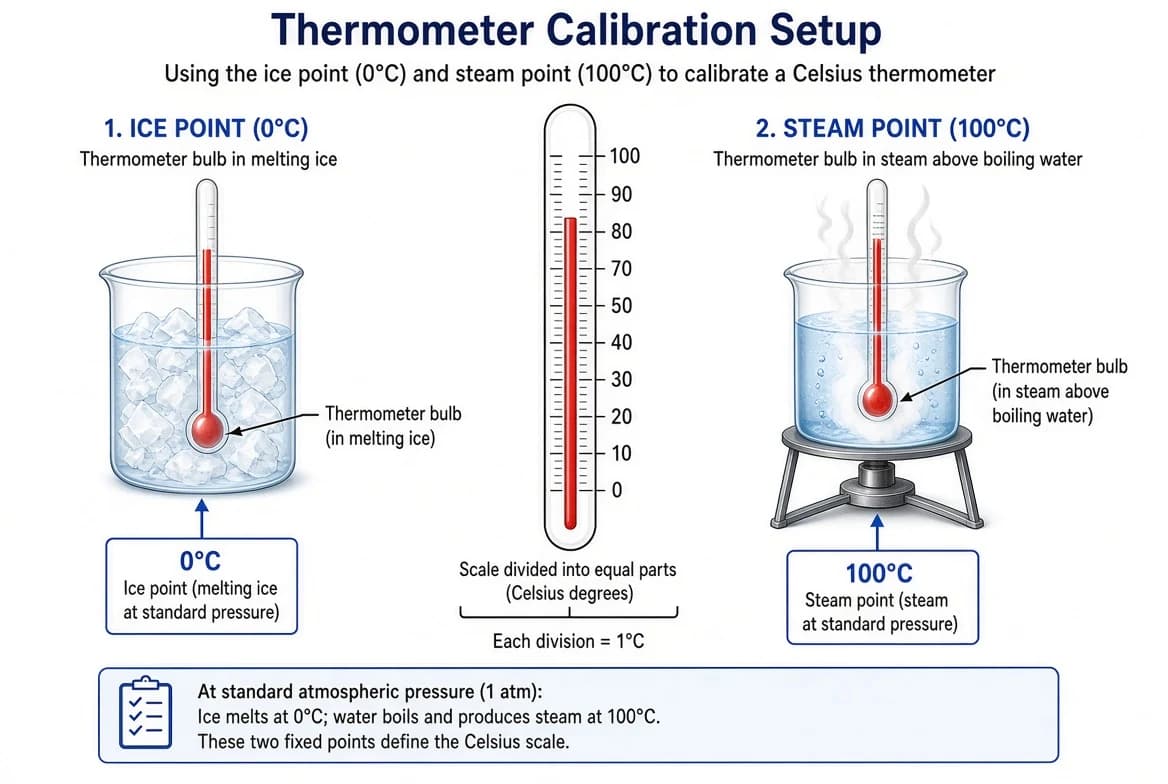 Calibration process of a thermometer, marking the lower fixed point in melting ice and the upper fixed point in steam above boiling water, then dividing the scale into equal parts.
